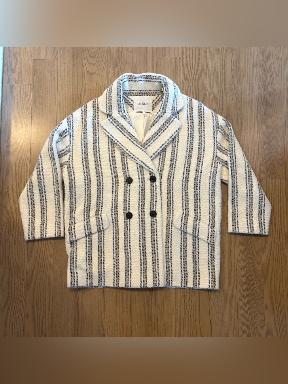 Ba&sh Cream & Black Striped Double-Breasted Coat